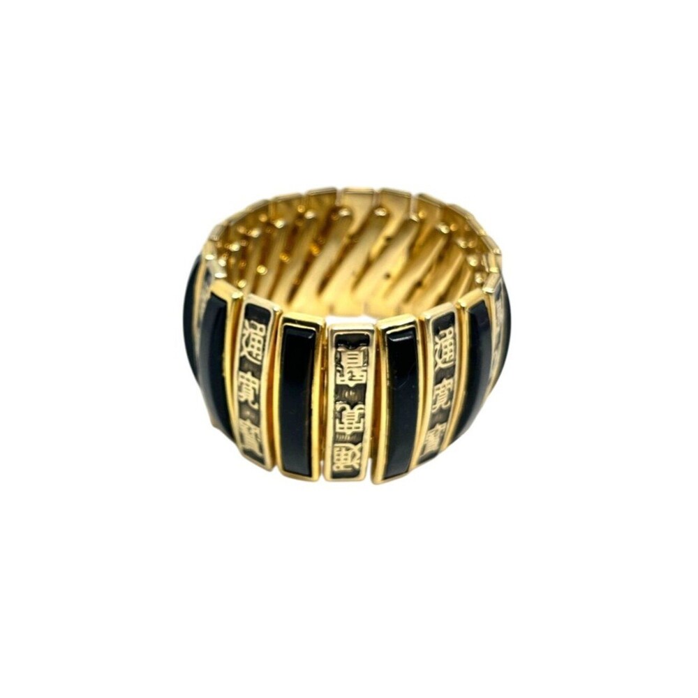 Vintage Asian Bracelet Expansion Black Enamel Gold Tone Chunky Wide Mcm